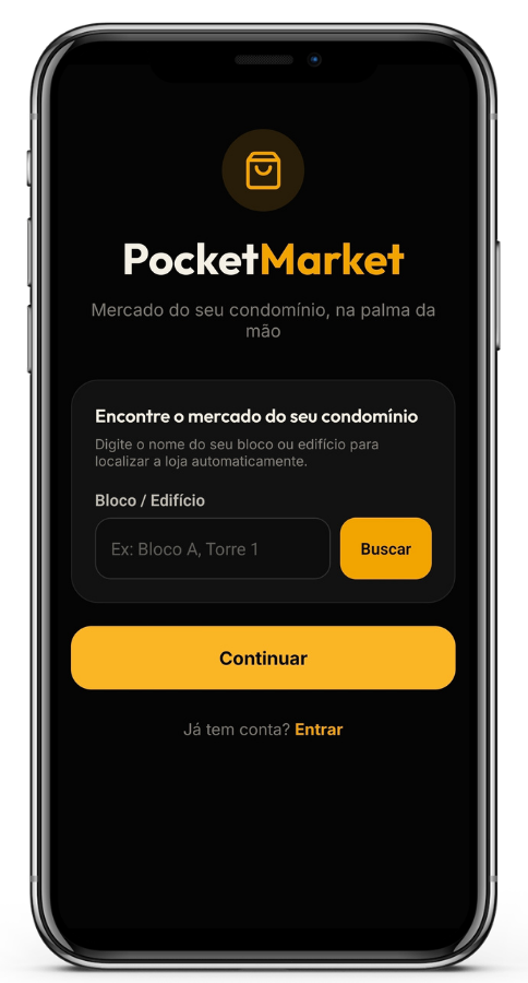 App PocketMarket aberto em um iPhone, na tela de busca do mercado do condomínio por bloco ou edifício.