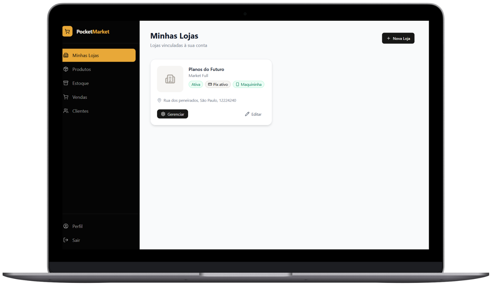 Painel de gestão da PocketMarket aberto em um notebook, exibindo a tela Minhas Lojas com uma loja cadastrada, status ativa, Pix e maquininha.