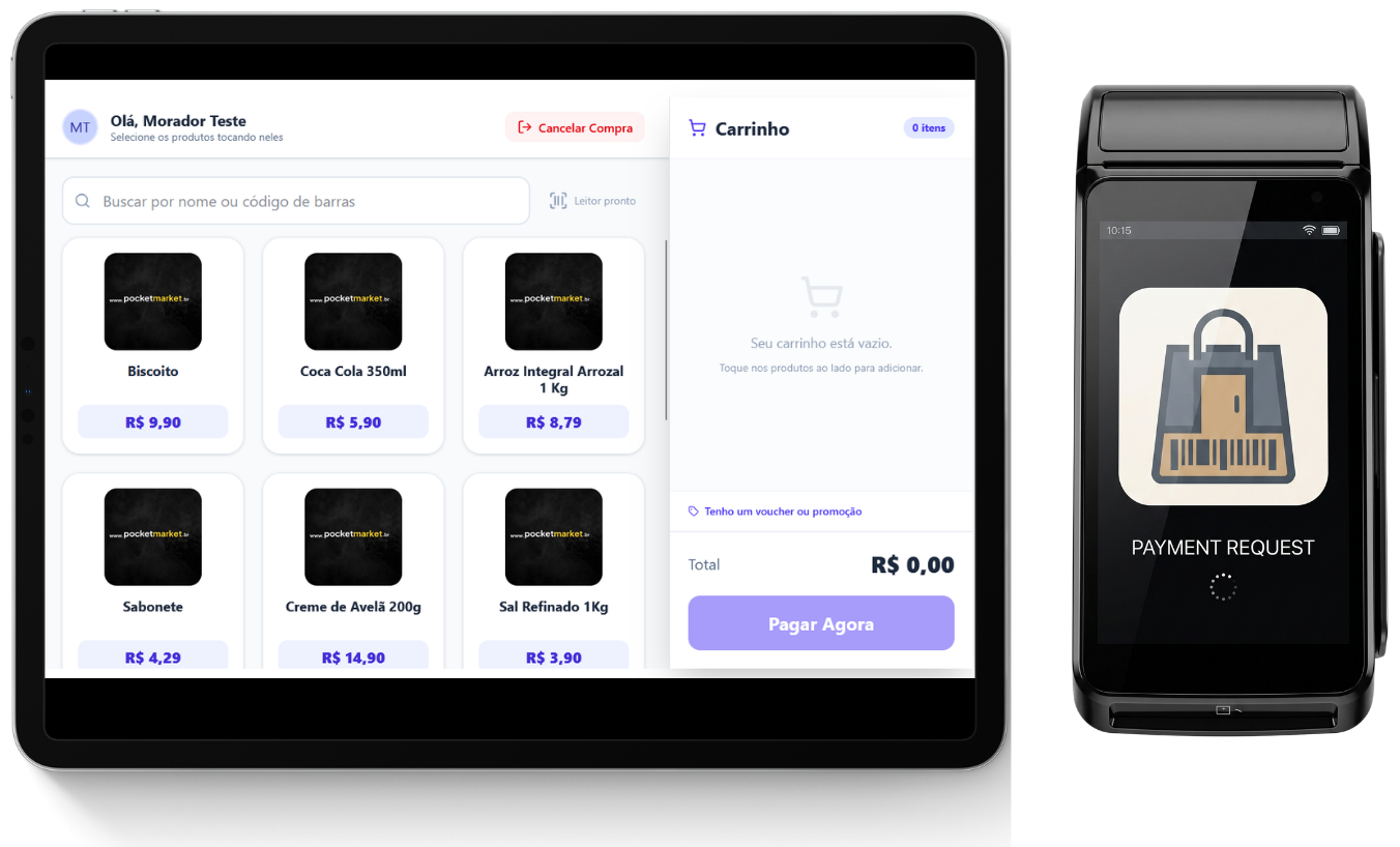 PDV da PocketMarket rodando em um tablet no modo kiosk, com grade de produtos e carrinho lateral, ao lado de uma maquininha exibindo a solicitação de pagamento.